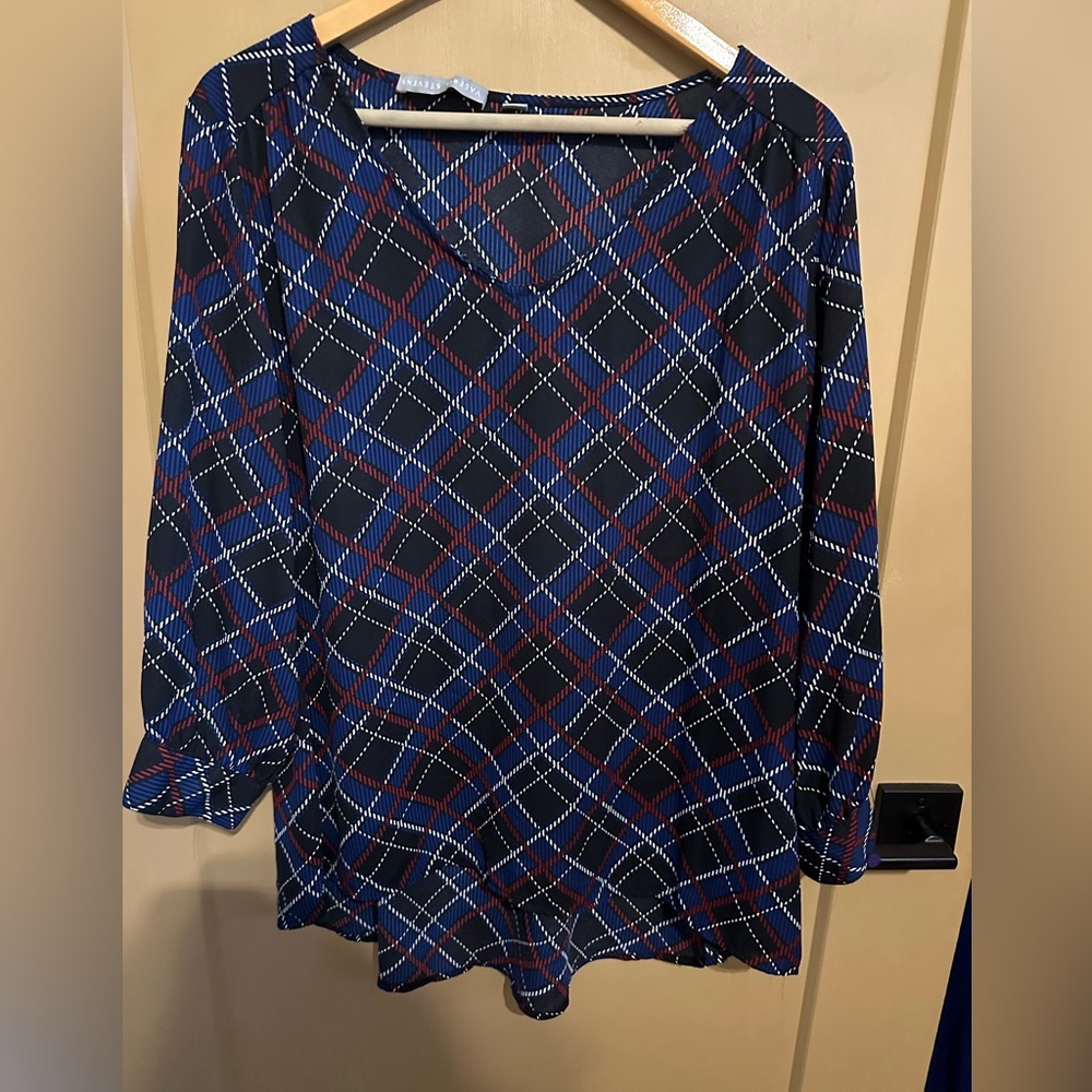 Valerie Stevens blouse‎ plaid tartan blue black red size L